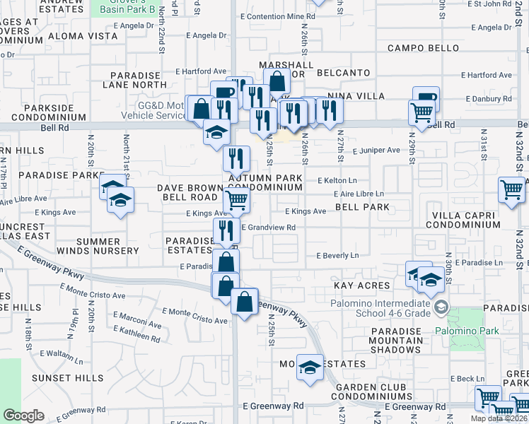 map of restaurants, bars, coffee shops, grocery stores, and more near 16419 N 24th Pl in Phoenix
