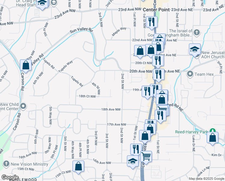 map of restaurants, bars, coffee shops, grocery stores, and more near 1809 3rd Street Northwest in Center Point