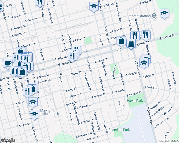 map of restaurants, bars, coffee shops, grocery stores, and more near 403 South Hazelwood Street in Sherman
