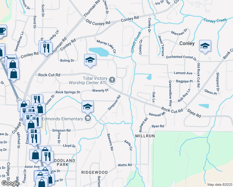 map of restaurants, bars, coffee shops, grocery stores, and more near 1353 Rock Cut Road in Forest Park