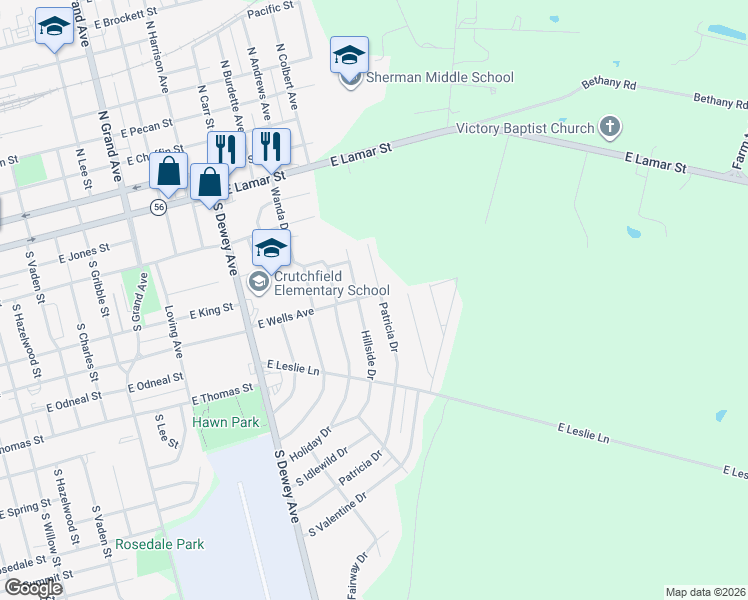 map of restaurants, bars, coffee shops, grocery stores, and more near 702 Patricia Drive in Sherman