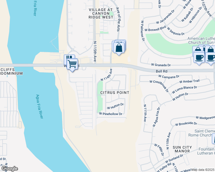 map of restaurants, bars, coffee shops, grocery stores, and more near 16734 North 114th Drive in Surprise