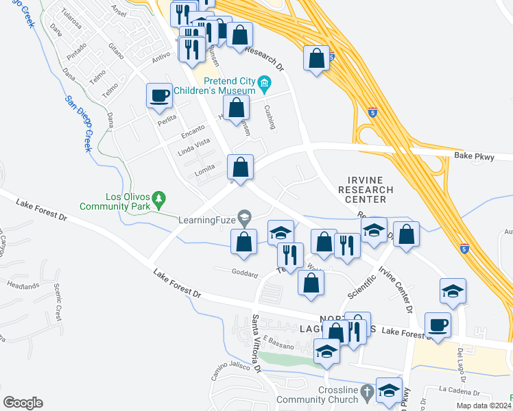 map of restaurants, bars, coffee shops, grocery stores, and more near 9070 Irvine Center Drive in Irvine