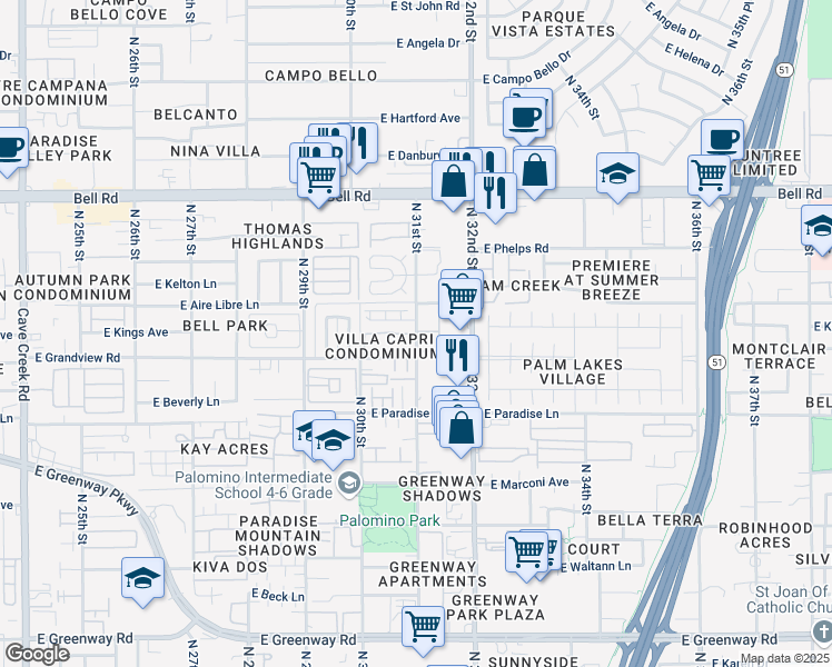 map of restaurants, bars, coffee shops, grocery stores, and more near 16404 North 31st Street in Phoenix
