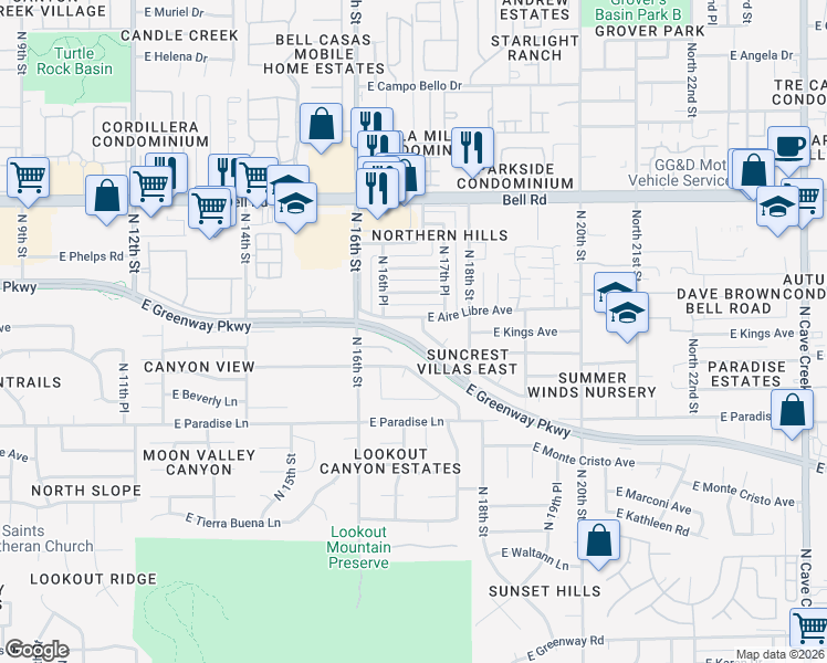 map of restaurants, bars, coffee shops, grocery stores, and more near 1721 North 17th Street in Phoenix