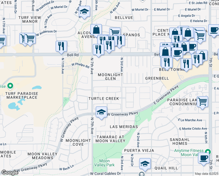 map of restaurants, bars, coffee shops, grocery stores, and more near 409 West Fellars Drive in Phoenix