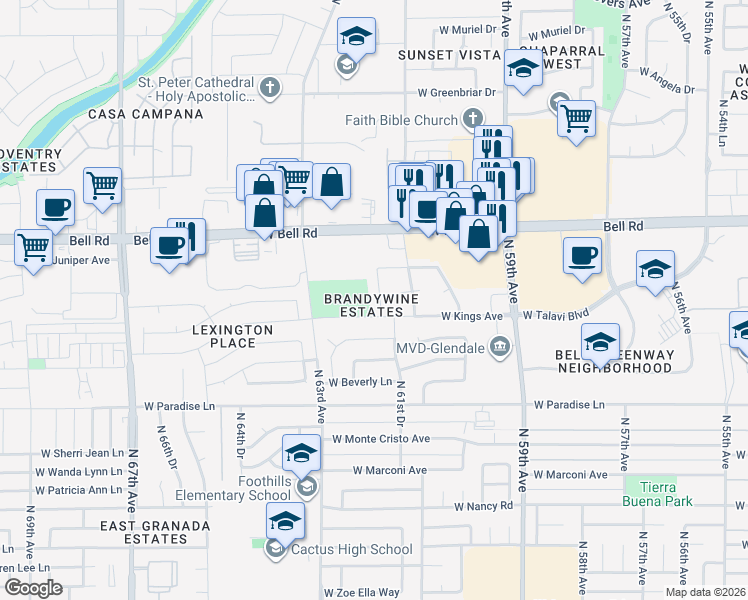 map of restaurants, bars, coffee shops, grocery stores, and more near 16434 North 62nd Avenue in Glendale
