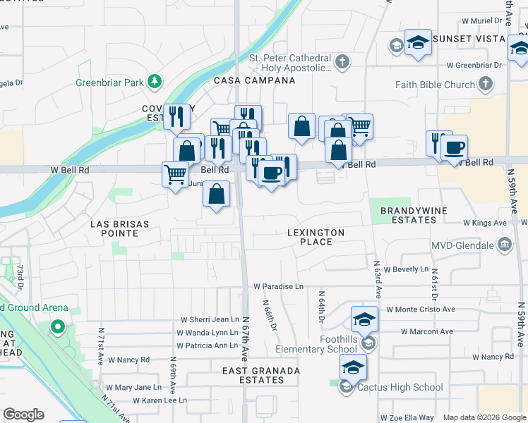 map of restaurants, bars, coffee shops, grocery stores, and more near 6614 West Phelps Road in Glendale