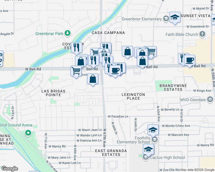 map of restaurants, bars, coffee shops, grocery stores, and more near 6614 West Phelps Road in Glendale
