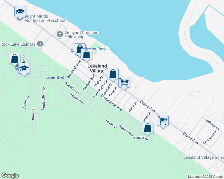map of restaurants, bars, coffee shops, grocery stores, and more near 33071 Case Street in Lake Elsinore