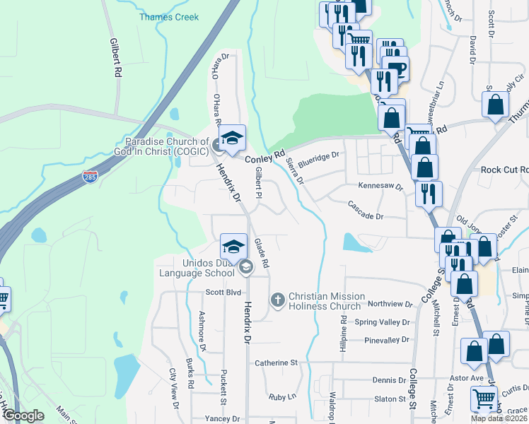 map of restaurants, bars, coffee shops, grocery stores, and more near 631 Brookside Place in Forest Park