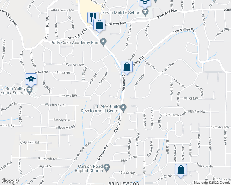 map of restaurants, bars, coffee shops, grocery stores, and more near 1824 Carson Road in Birmingham