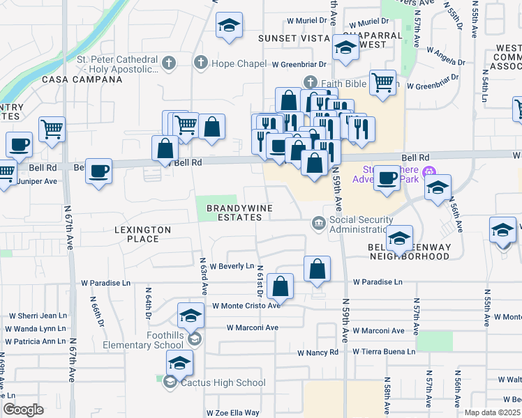 map of restaurants, bars, coffee shops, grocery stores, and more near 16436 North 61st Avenue in Glendale