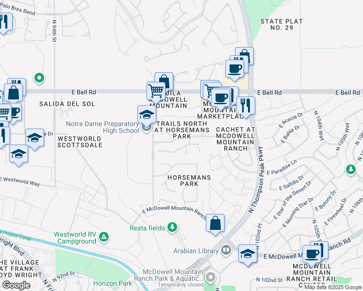 map of restaurants, bars, coffee shops, grocery stores, and more near 9900 East Bahia Drive in Scottsdale