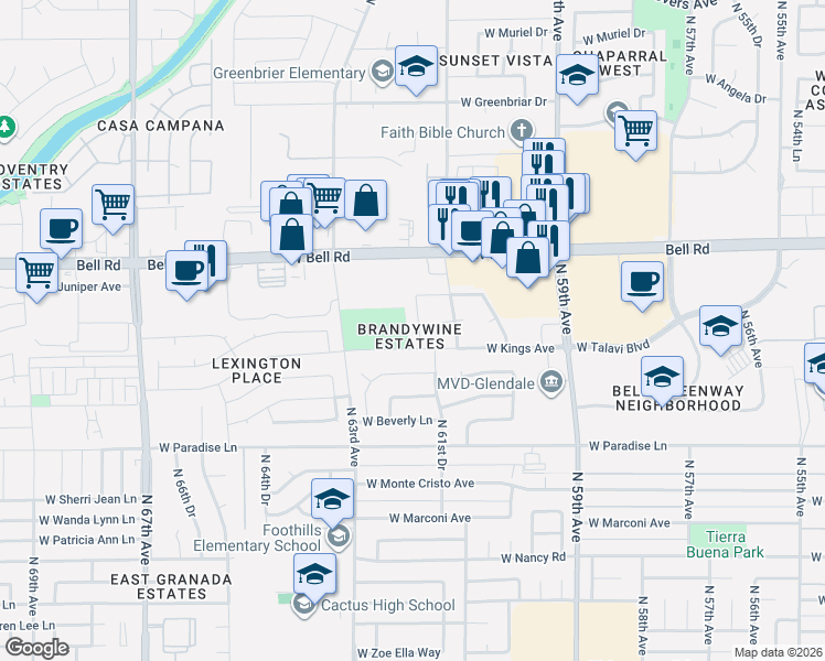 map of restaurants, bars, coffee shops, grocery stores, and more near 16434 North 62nd Avenue in Glendale