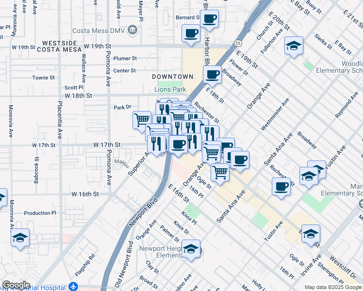 map of restaurants, bars, coffee shops, grocery stores, and more near 141 East 17th Street in Costa Mesa
