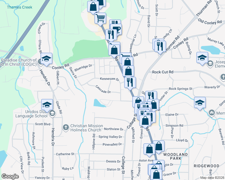 map of restaurants, bars, coffee shops, grocery stores, and more near 854 Cascade Drive in Forest Park