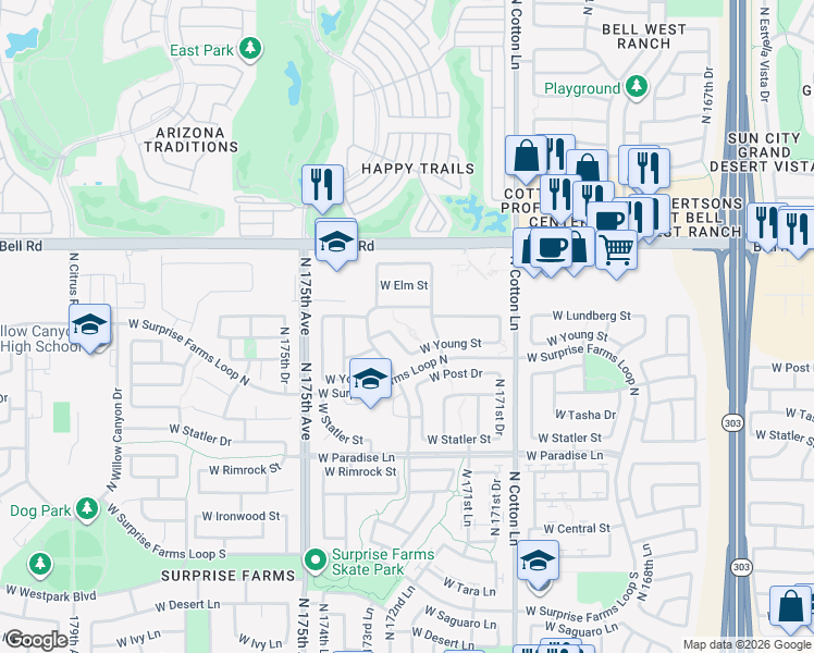map of restaurants, bars, coffee shops, grocery stores, and more near 17232 West Young Street in Surprise