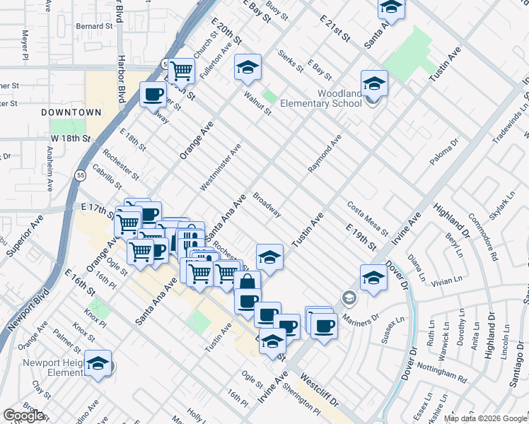 map of restaurants, bars, coffee shops, grocery stores, and more near 332 Magnolia Street in Costa Mesa