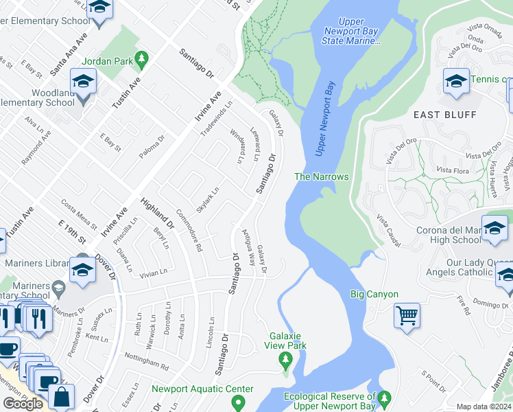 map of restaurants, bars, coffee shops, grocery stores, and more near 1734 Santiago Drive in Newport Beach