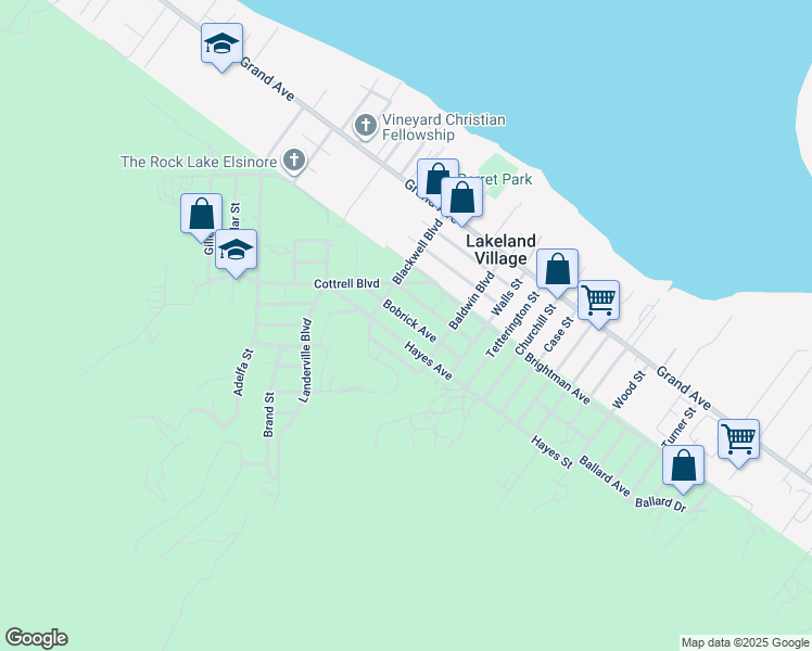 map of restaurants, bars, coffee shops, grocery stores, and more near 17639 Bobrick Avenue in Lake Elsinore