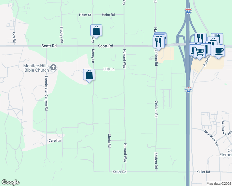 map of restaurants, bars, coffee shops, grocery stores, and more near 33305 Howard Way in Menifee
