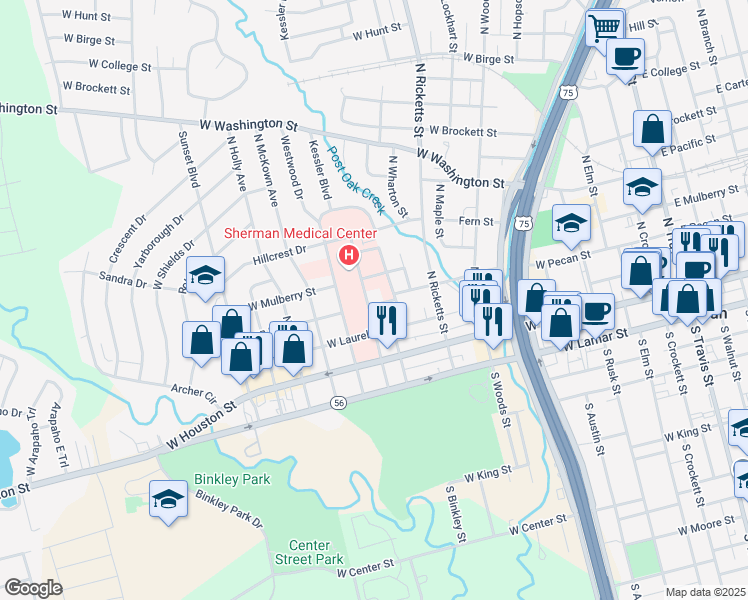 map of restaurants, bars, coffee shops, grocery stores, and more near 301 North Highland Avenue in Sherman