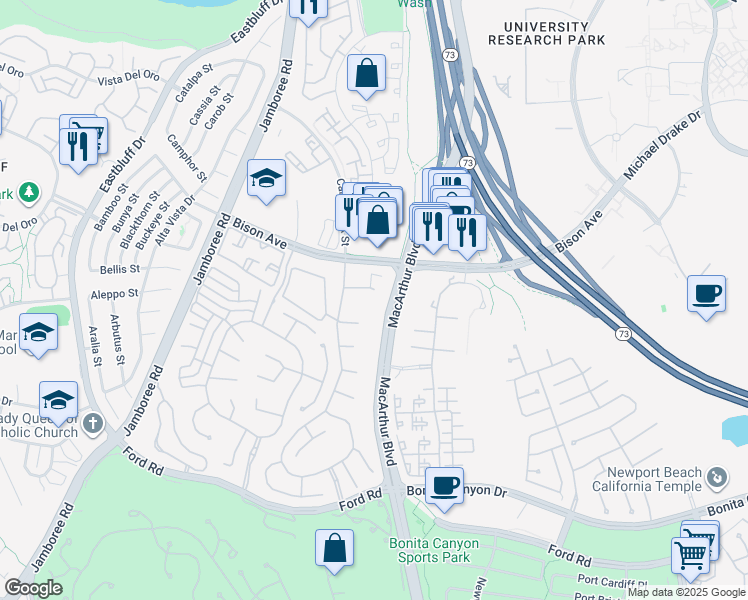 map of restaurants, bars, coffee shops, grocery stores, and more near 9 Leesbury Court in Newport Beach