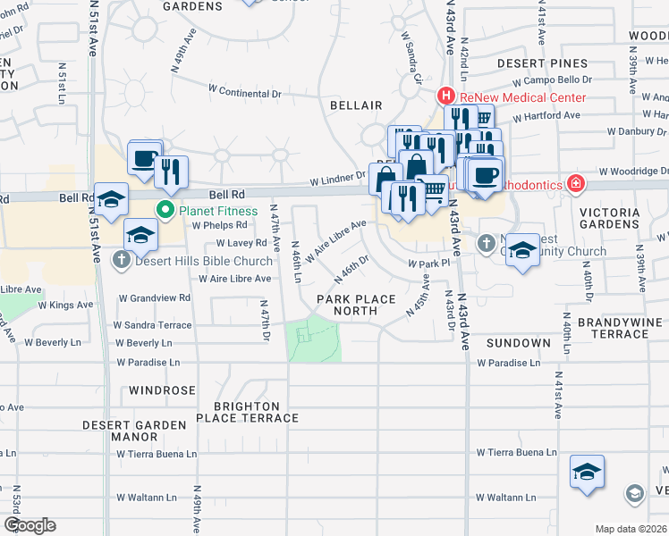 map of restaurants, bars, coffee shops, grocery stores, and more near 16436 North Ponderosa Drive in Glendale