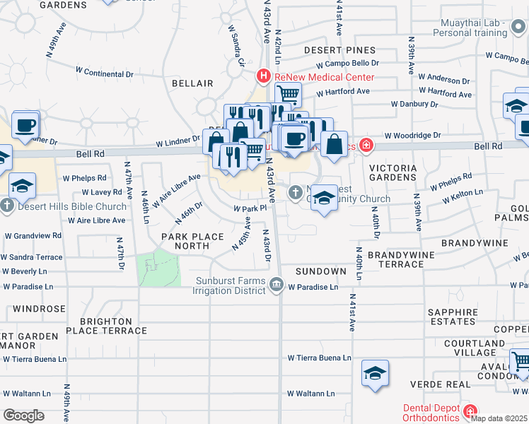 map of restaurants, bars, coffee shops, grocery stores, and more near 4315 West Park Place in Glendale