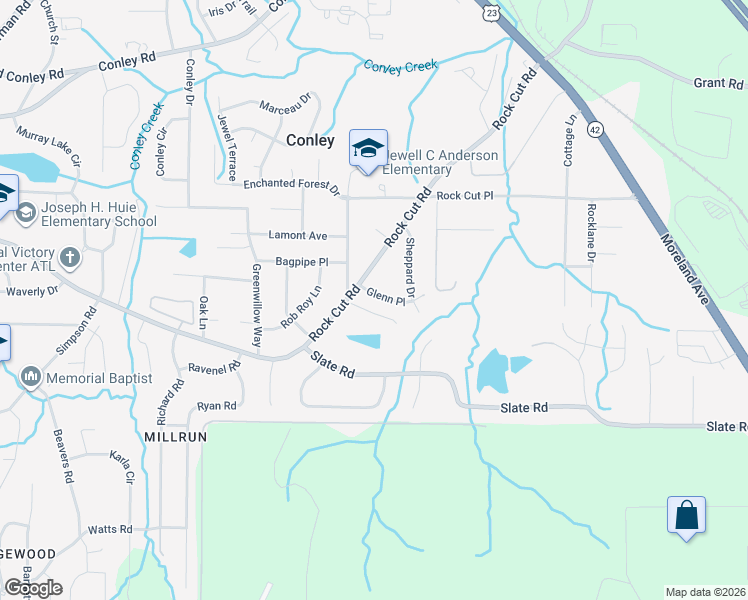 map of restaurants, bars, coffee shops, grocery stores, and more near 1723 Glenn Place in Conley