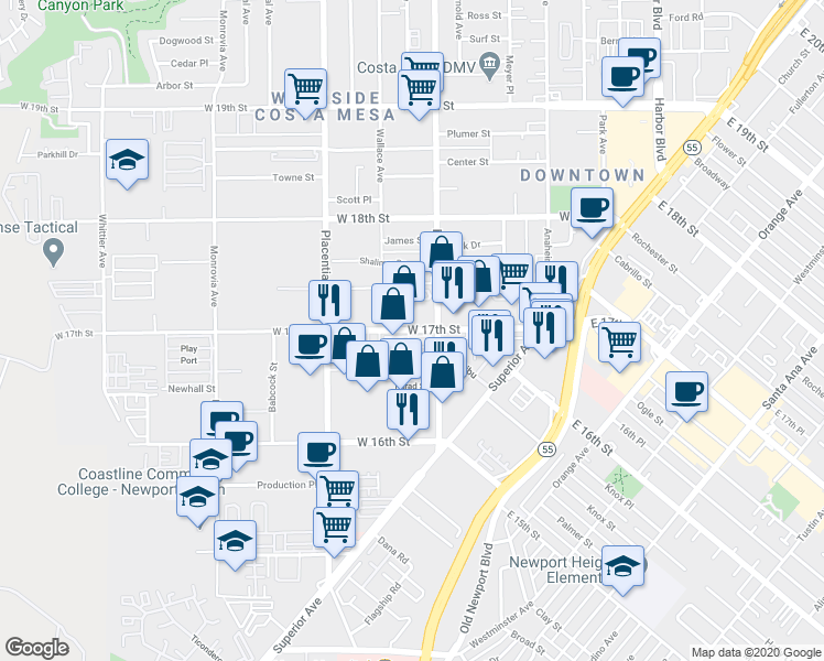 map of restaurants, bars, coffee shops, grocery stores, and more near 724 West 17th Street in Costa Mesa