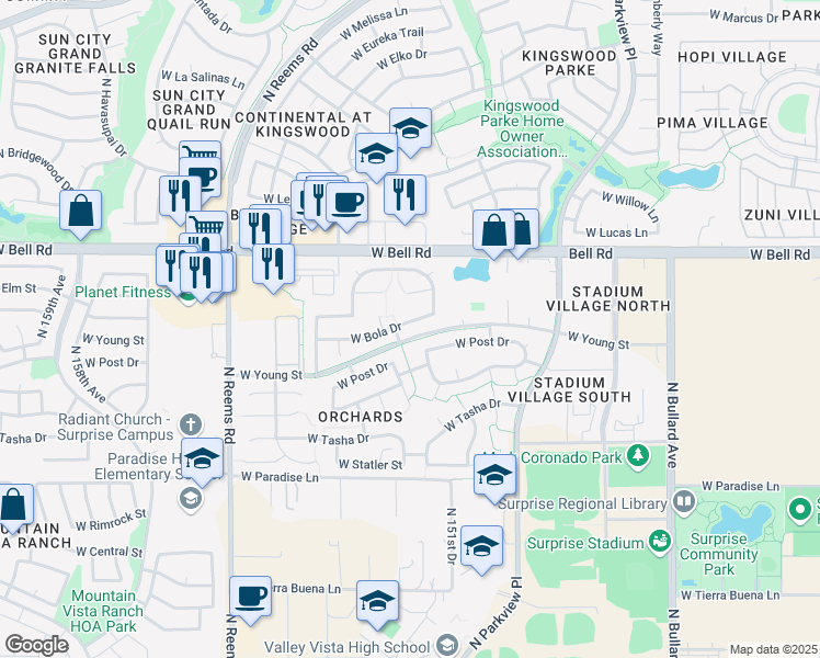map of restaurants, bars, coffee shops, grocery stores, and more near 15161 West Bola Drive in Surprise