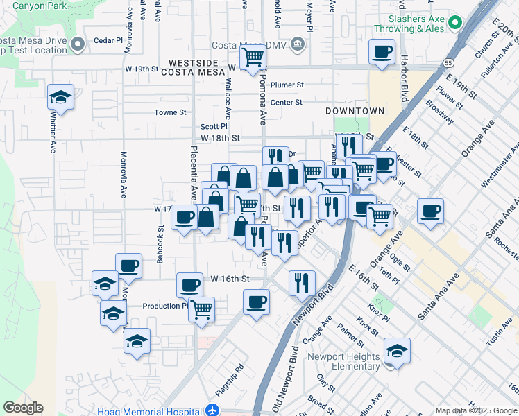 map of restaurants, bars, coffee shops, grocery stores, and more near 685 West 17th Street in Costa Mesa