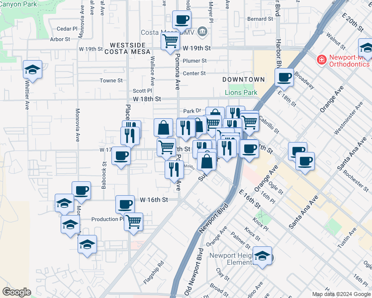 map of restaurants, bars, coffee shops, grocery stores, and more near 685 West 17th Street in Costa Mesa