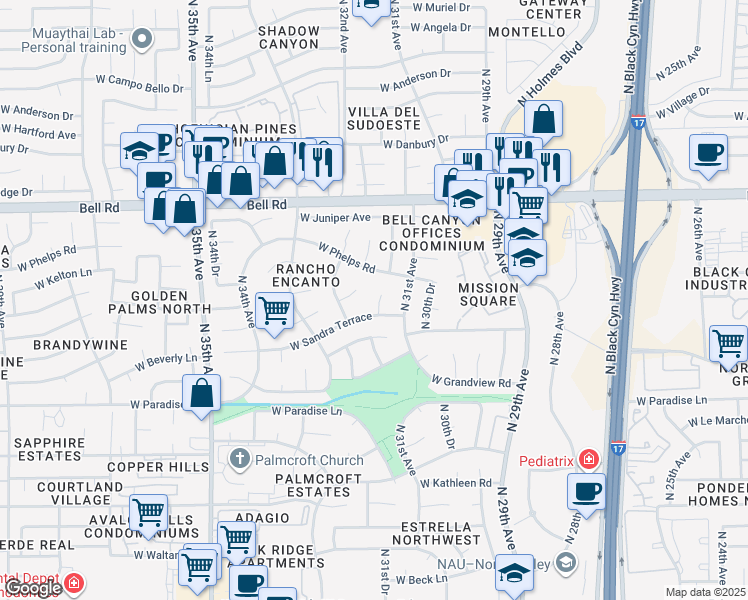 map of restaurants, bars, coffee shops, grocery stores, and more near 16410 North 31st Drive in Phoenix
