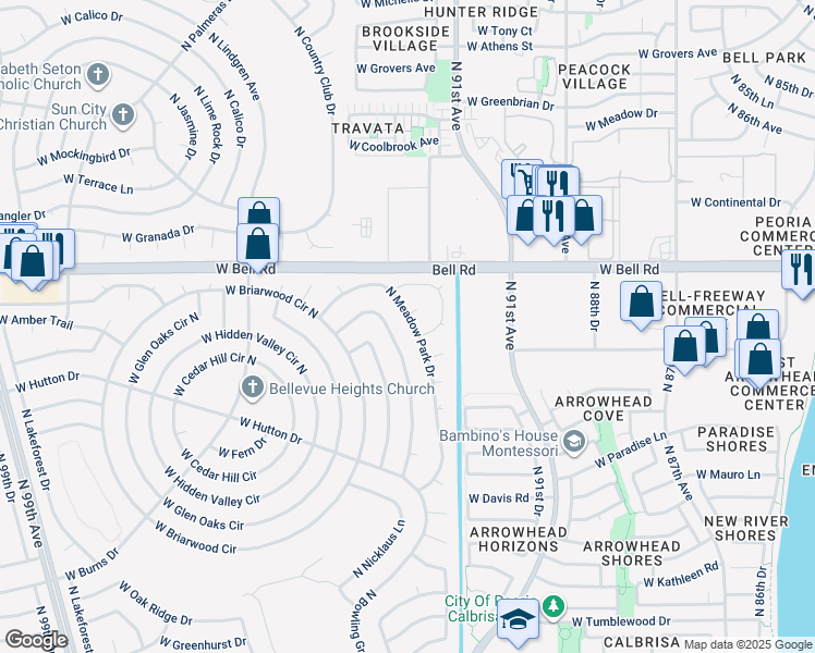 map of restaurants, bars, coffee shops, grocery stores, and more near 16634 North Meadow Park Drive in Sun City