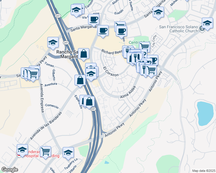 map of restaurants, bars, coffee shops, grocery stores, and more near 19 Calle De Arena in Rancho Santa Margarita
