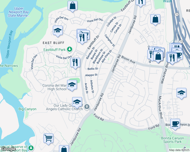 map of restaurants, bars, coffee shops, grocery stores, and more near 807 Aleppo Street in Newport Beach