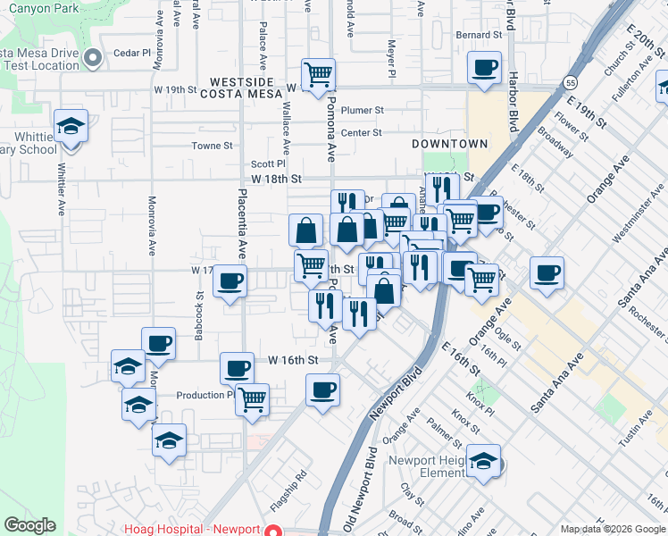 map of restaurants, bars, coffee shops, grocery stores, and more near Pomona Ave & W 17th St in Costa Mesa