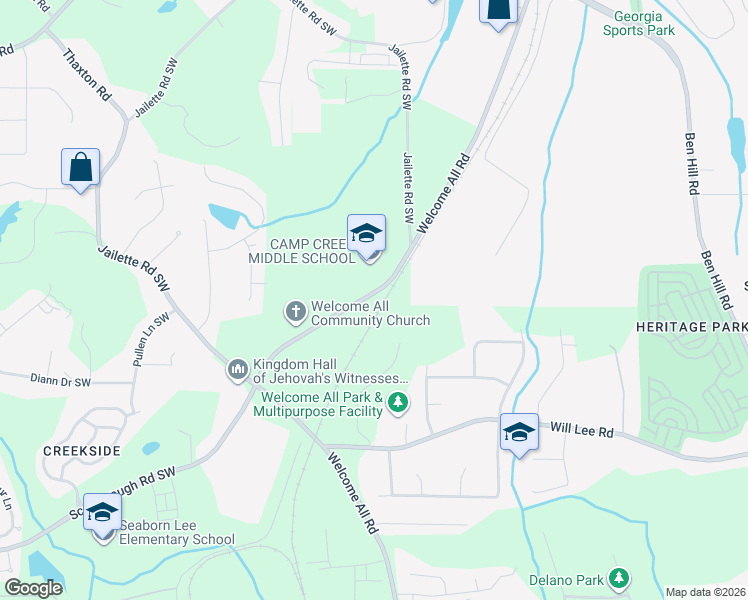 map of restaurants, bars, coffee shops, grocery stores, and more near 4370 Welcome All Road in College Park