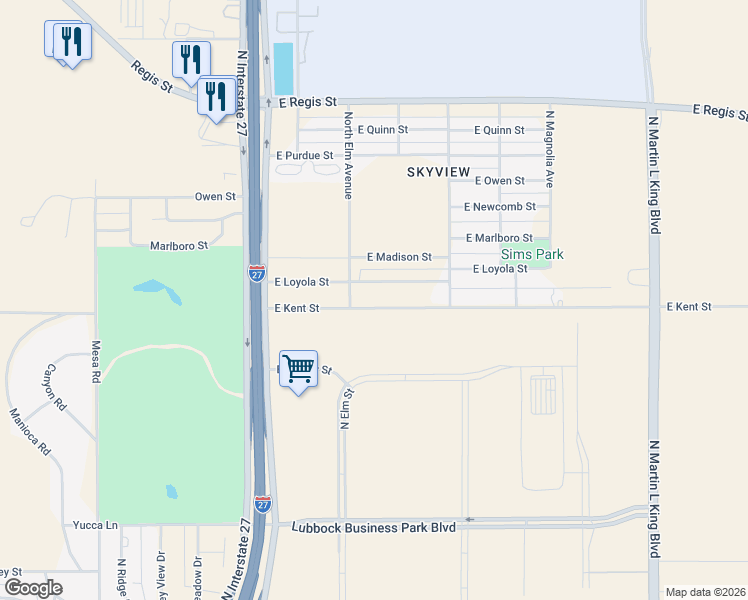 map of restaurants, bars, coffee shops, grocery stores, and more near 509 E Kent St in Lubbock
