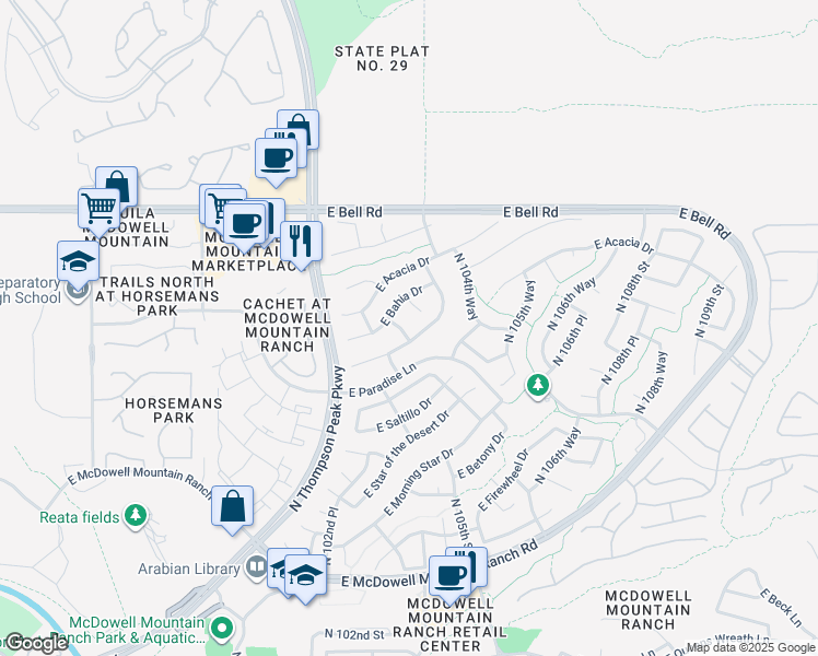 map of restaurants, bars, coffee shops, grocery stores, and more near 16464 North 103rd Place in Scottsdale