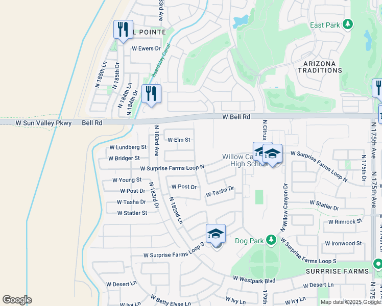 map of restaurants, bars, coffee shops, grocery stores, and more near 18123 West Lundberg Street in Surprise