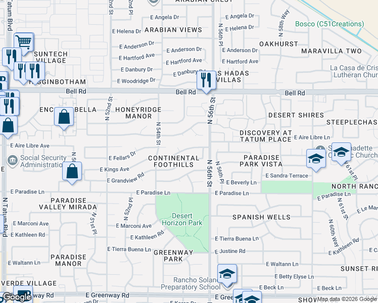 map of restaurants, bars, coffee shops, grocery stores, and more near 5520 East Grandview Road in Scottsdale