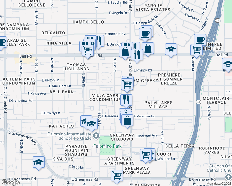 map of restaurants, bars, coffee shops, grocery stores, and more near 16404 North 31st Street in Phoenix