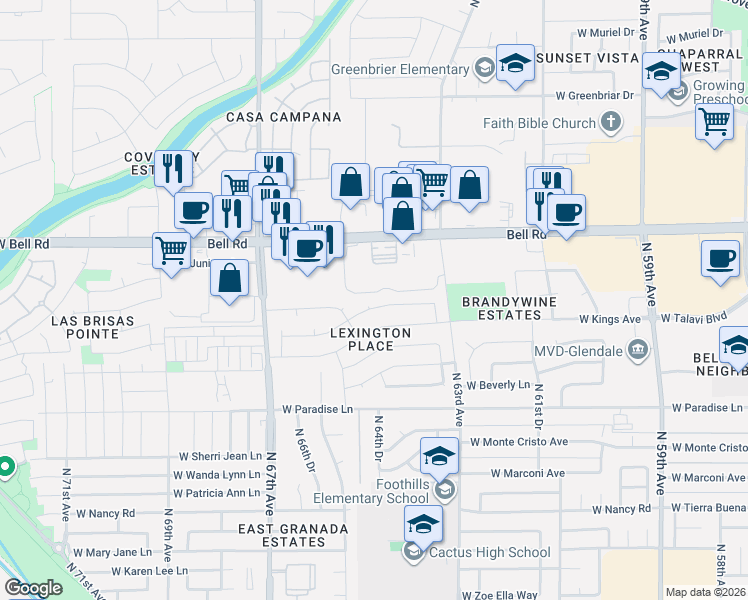 map of restaurants, bars, coffee shops, grocery stores, and more near 6444 West Aire Libre Avenue in Glendale