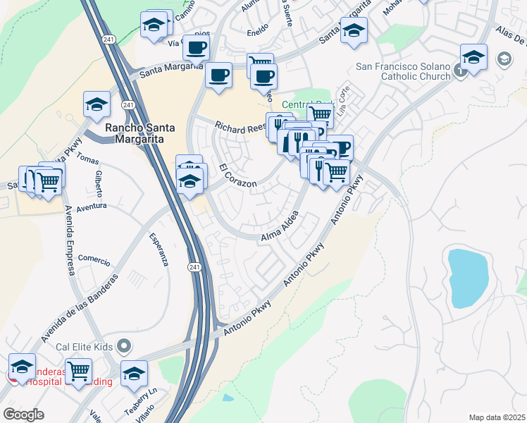 map of restaurants, bars, coffee shops, grocery stores, and more near 53 Calle De Los Ninos in Rancho Santa Margarita