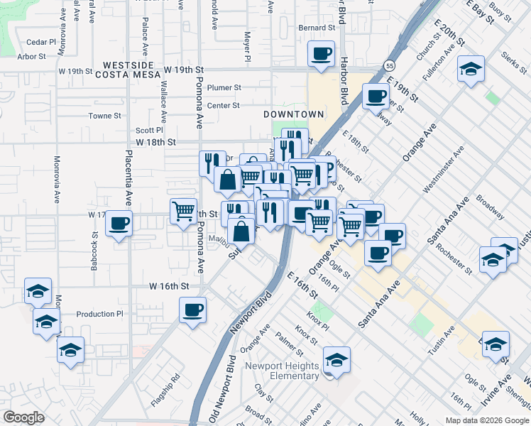 map of restaurants, bars, coffee shops, grocery stores, and more near 615 West 17th Street in Costa Mesa