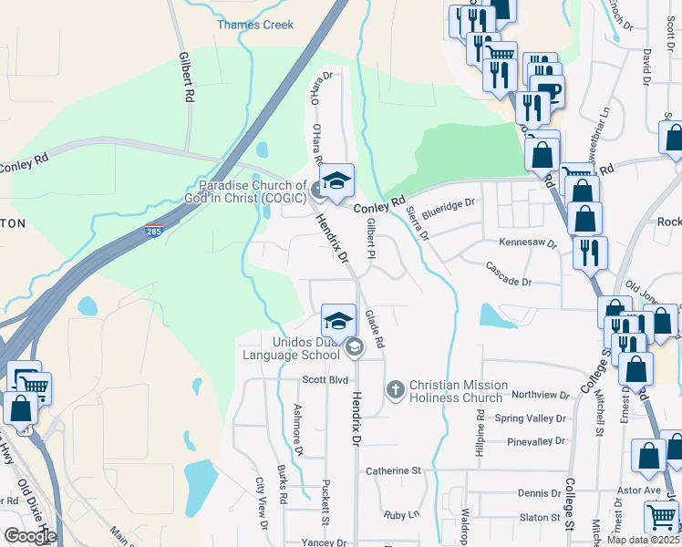 map of restaurants, bars, coffee shops, grocery stores, and more near 4335 Gilbert Place in Forest Park